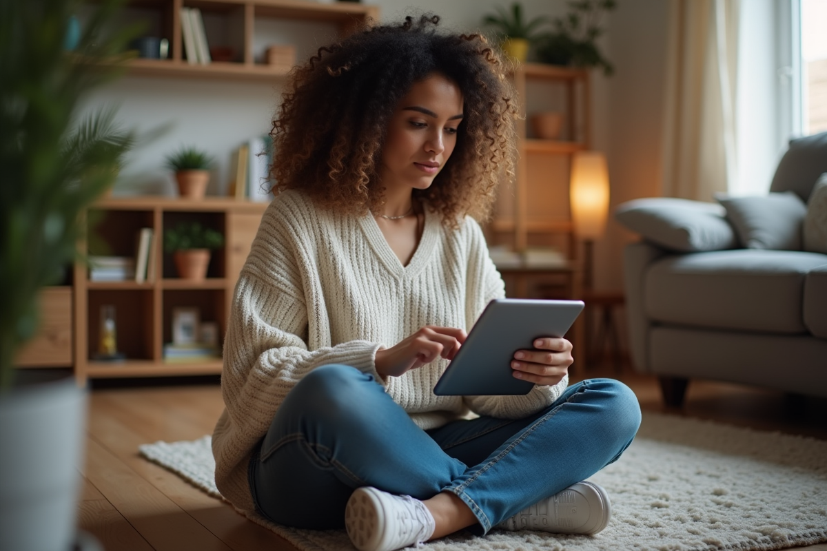Jeune femme à la maison configure ses paramètres de confidentialité sur une tablette