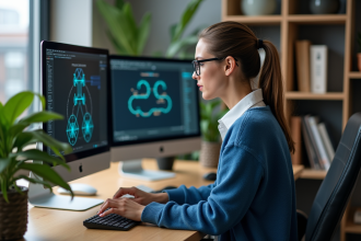Jeune femme examine deux écrans avec diagrammes réseau