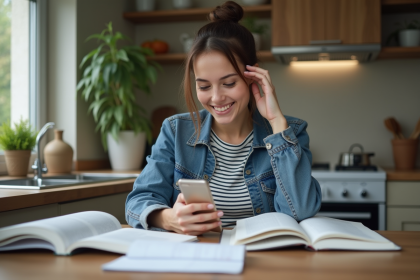 Jeune femme souriante dans une cuisine moderne et chaleureuse