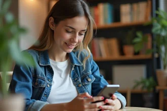 Jeune femme vérifiant son smartphone dans un intérieur cosy