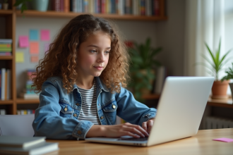 Jeune fille avec cheveux bouclés travaillant sur son ordinateur dans sa chambre