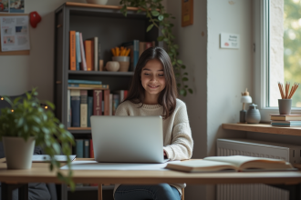 Jeune fille concentrée sur son ordinateur dans sa chambre