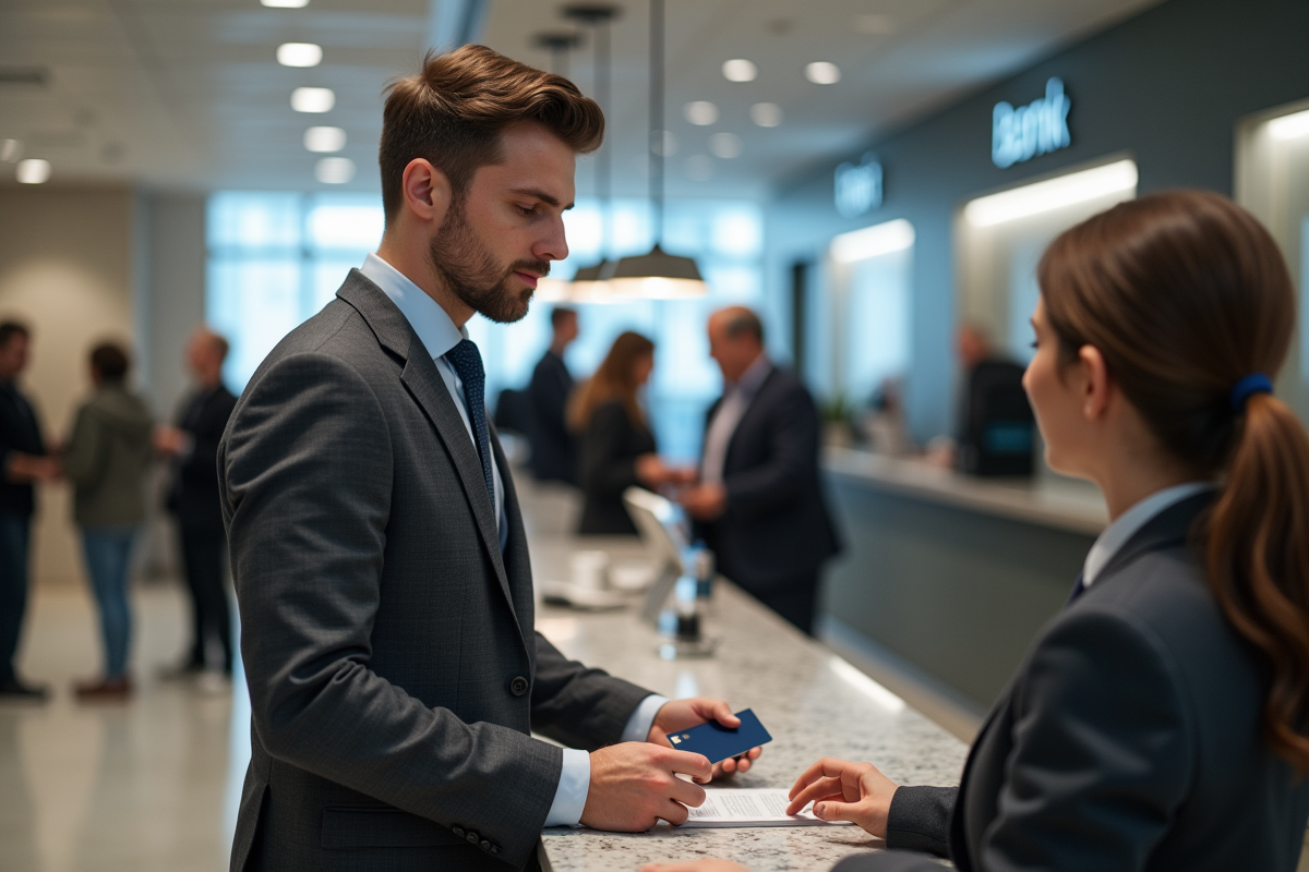Jeune homme en costume avec une carte bancaire à la banque