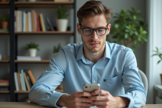 Jeune homme au bureau avec ordinateur et smartphone