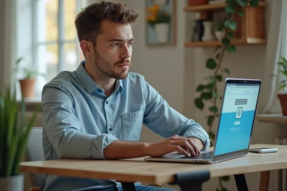 Jeune homme au bureau &agrave; la maison utilisant un ordinateur portable