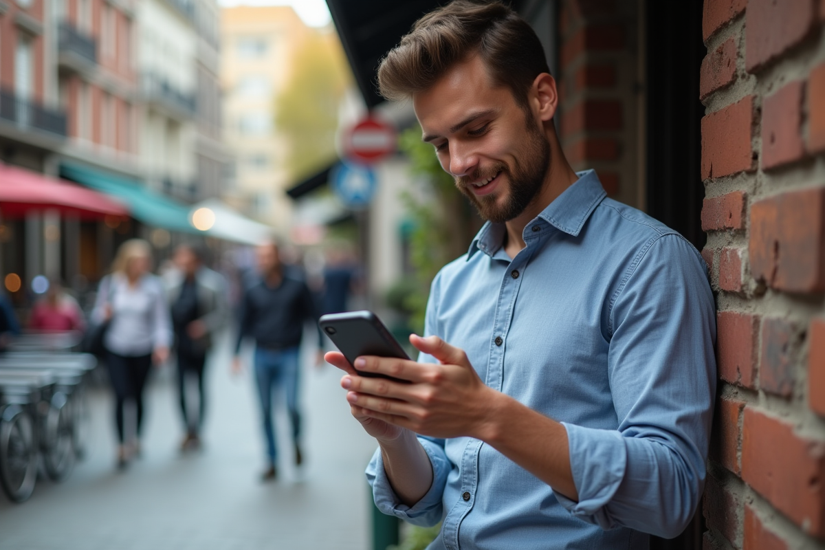 Jeune homme dehors au café utilisant son smartphone