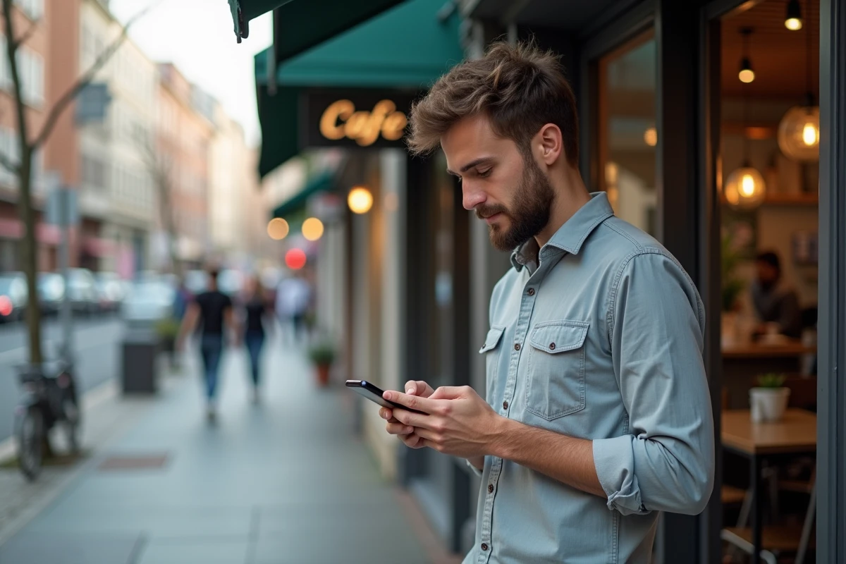 Jeune homme cherchant directions devant un café urbain