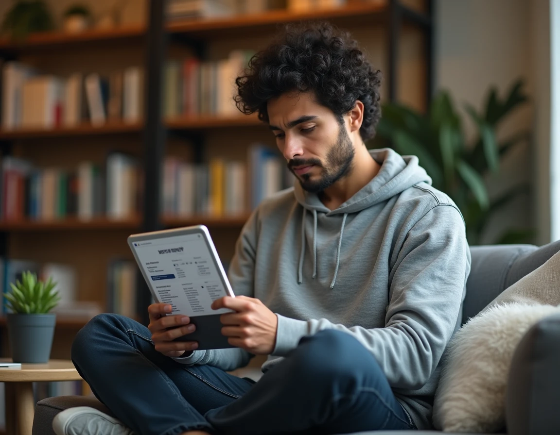 Jeune homme à domicile comparant les options tarifaires et le budget annuel pour ChatGPT 5 en 2026 sur une tablette
