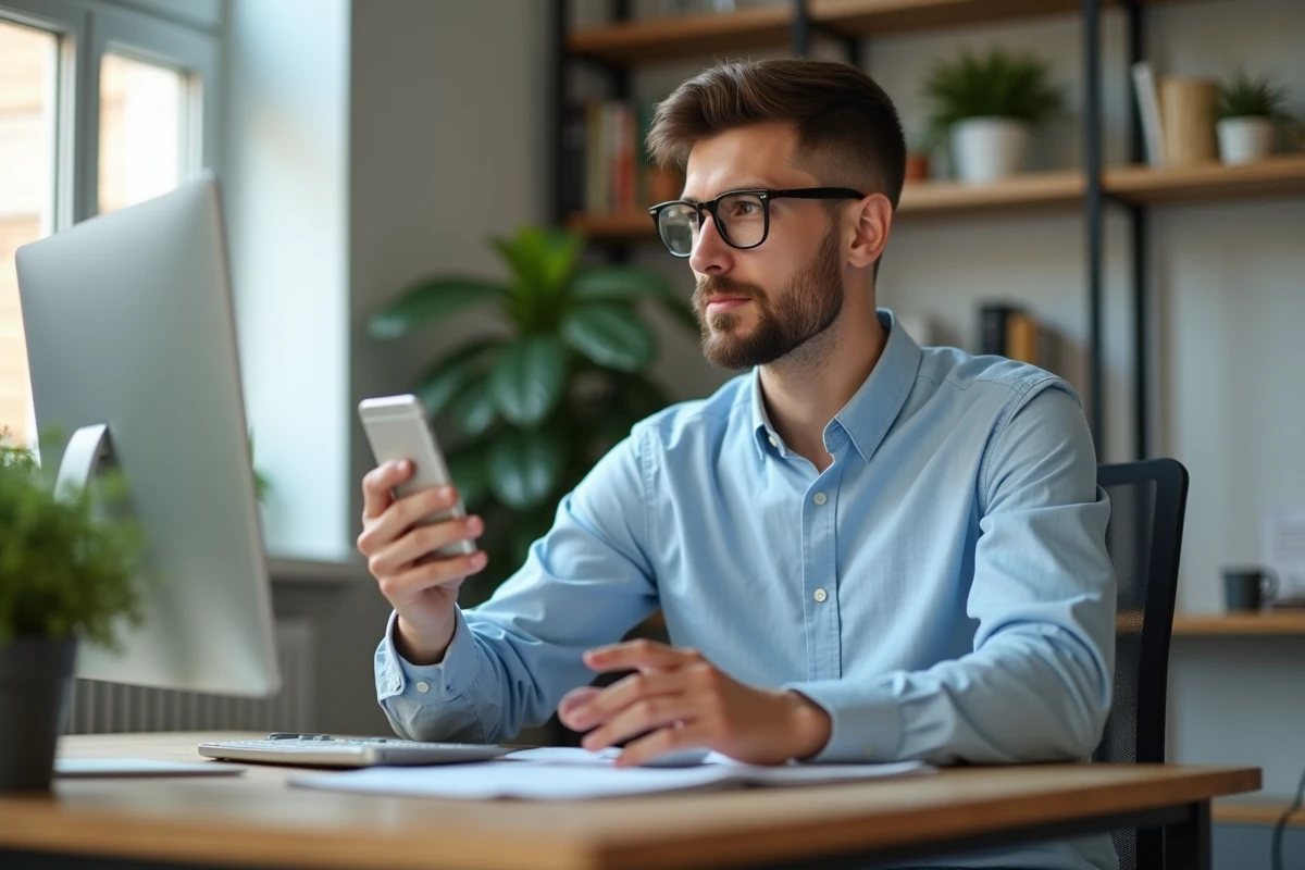 Jeune homme au bureau avec smartphone et ordinateur