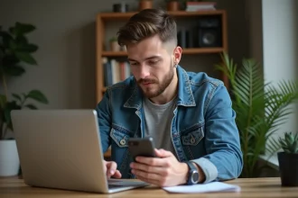 Jeune homme avec smartphone dans un bureau à domicile
