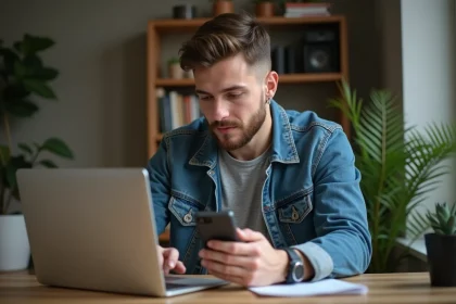 Jeune homme avec smartphone dans un bureau &agrave; domicile