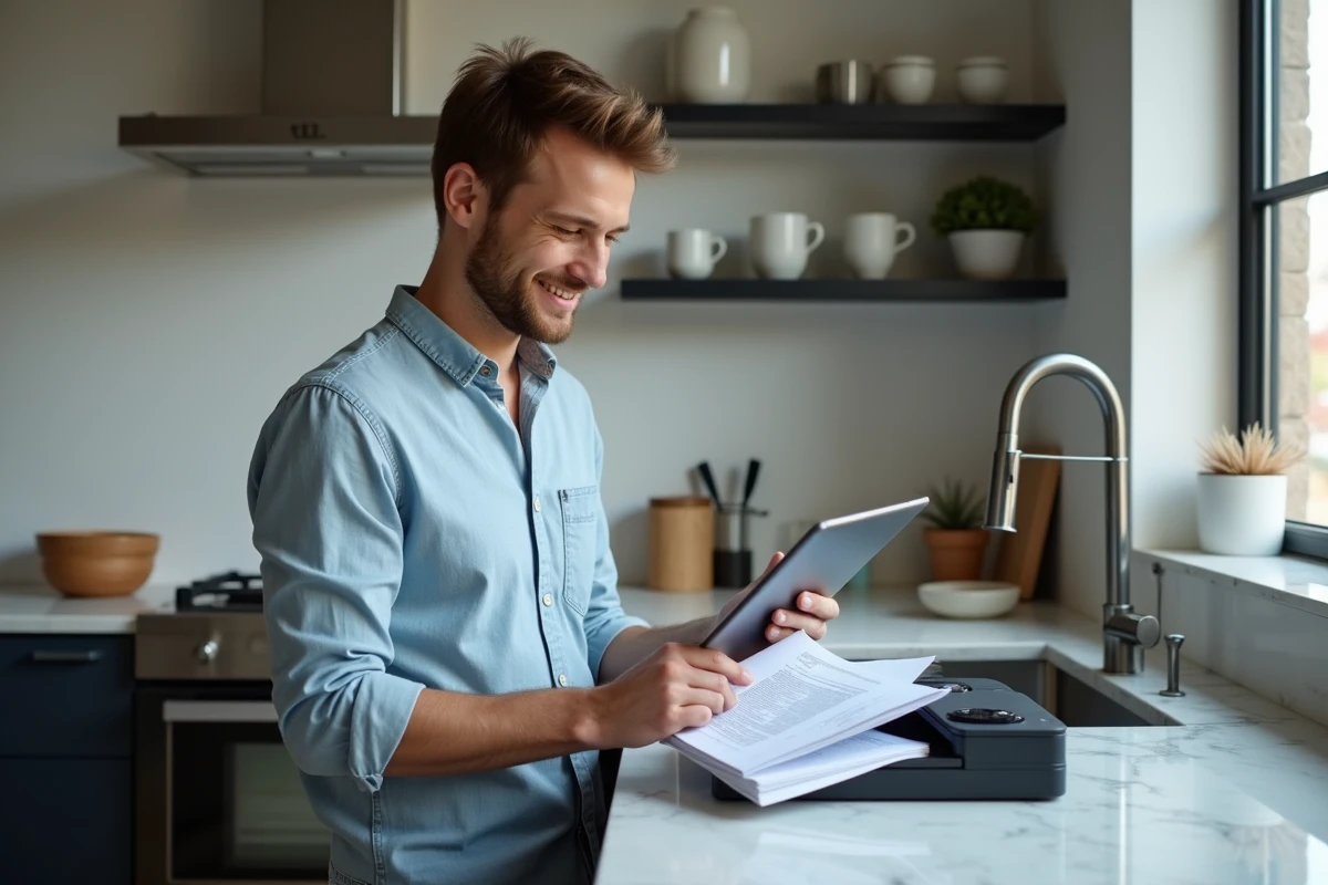 Jeune homme scannant des relevés bancaires dans la cuisine