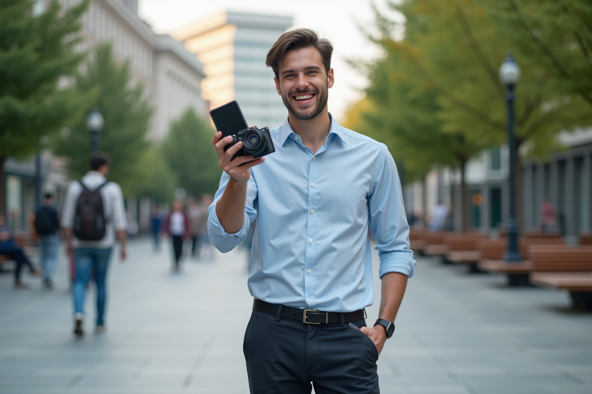 Jeune homme avec smartphone et appareil photo dans une place urbaine