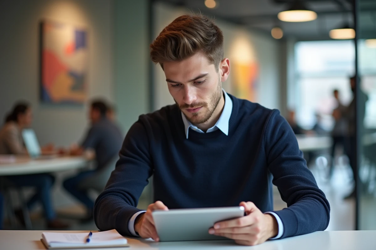 Jeune homme ajustant ses r&eacute;glages de s&eacute;curit&eacute; sur sa tablette dans un espace de travail moderne