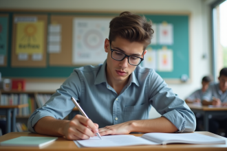 Jeune homme en train de remplir un test dans une salle de classe