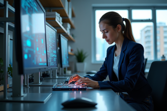 Jeune physicienne quantique en laboratoire moderne