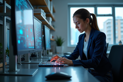 Jeune physicienne quantique en laboratoire moderne