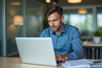 Jeune homme concentré travaillant sur son ordinateur en bureau moderne