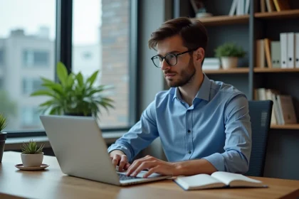 Jeune homme professionnel configure ses emails au bureau