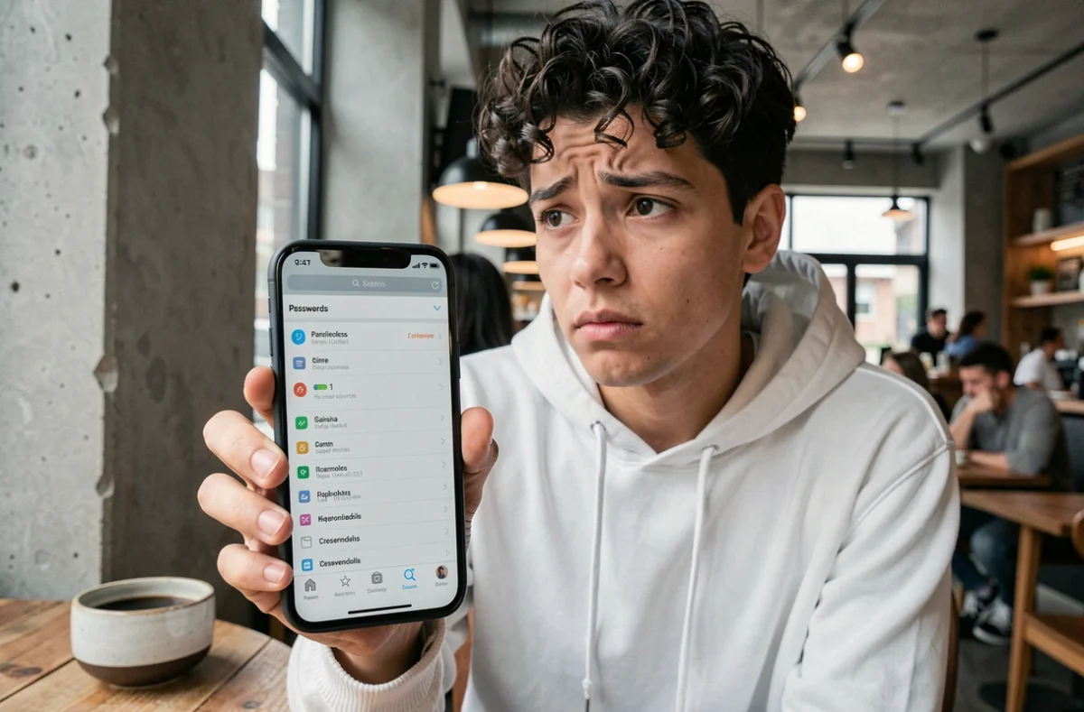 Jeune personne perplexe tenant un smartphone affichant une liste de mots de passe enregistrés vide dans un navigateur mobile