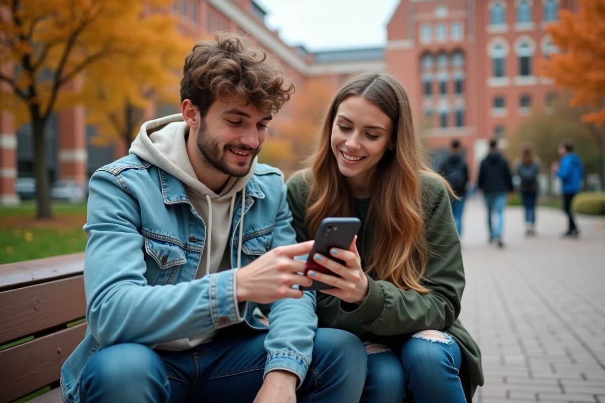 Deux jeunes adultes de la génération TikTok partageant un contenu d'Infonovateur numérique sur un campus universitaire en automne