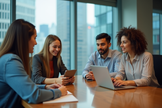 Quatre jeunes professionnels en réunion dans un bureau moderne