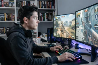 Joueur de jeu vidéo compétitif concentré devant ses écrans affichant des statistiques de rang et de skill dans un jeu de tir tactique