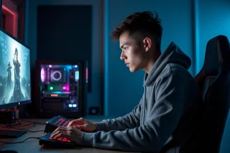 Joueur configurant les paramètres DLSS sur une RTX 5070 dans un setup gaming moderne