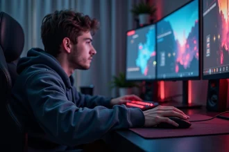 Jeune homme gamer utilisant une souris sans fil dans un setup moderne