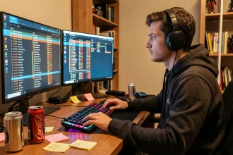 Joueur adulte concentré sur la liste de serveurs FiveM devant deux écrans dans un bureau gaming à domicile