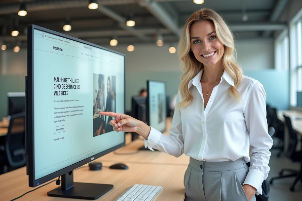 Femme présentant le lancement d'un site WordPress professionnel dans un espace de coworking moderne
