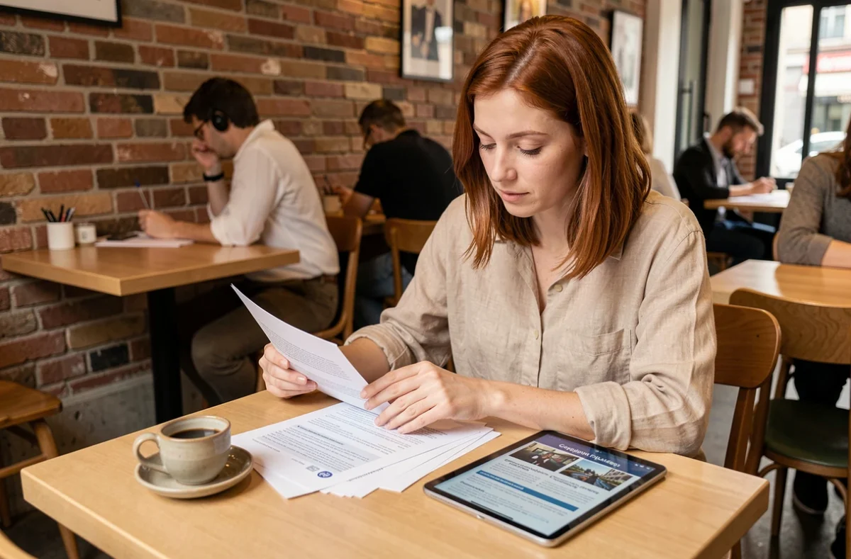 Femme lisant des documents juridiques sur le droit d'auteur et la musique numérique dans un café parisien