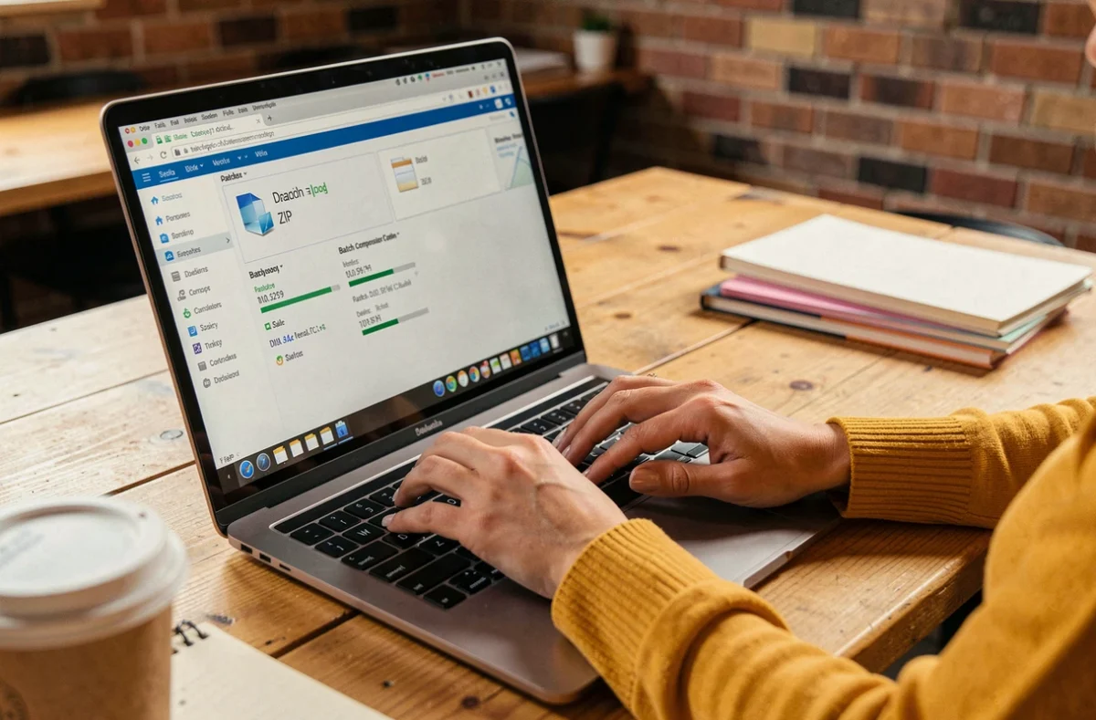 Gros plan sur des mains utilisant une application ZIP sur un laptop dans un espace de coworking