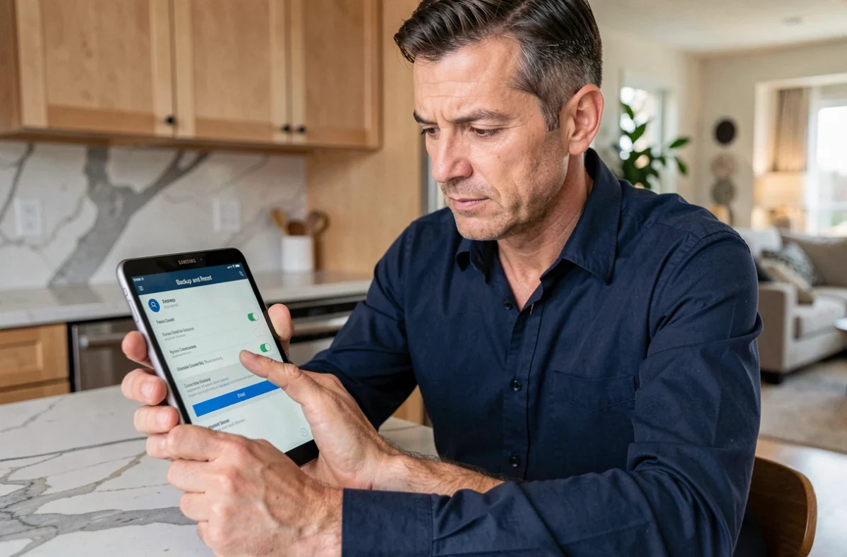 Homme accédant au menu de réinitialisation d'une tablette Samsung dans une cuisine moderne