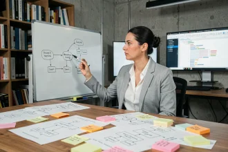 Développeuse informatique analysant un diagramme entité-association sur un tableau blanc pour modéliser une base de données