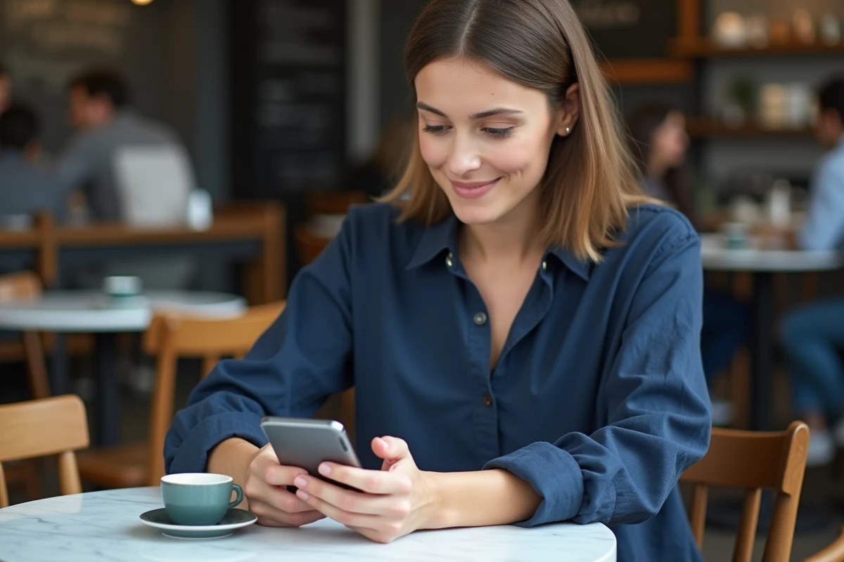 Femme nettoyant le presse-papier de son téléphone Android dans un café, avec historique de copie affiché à l'écran