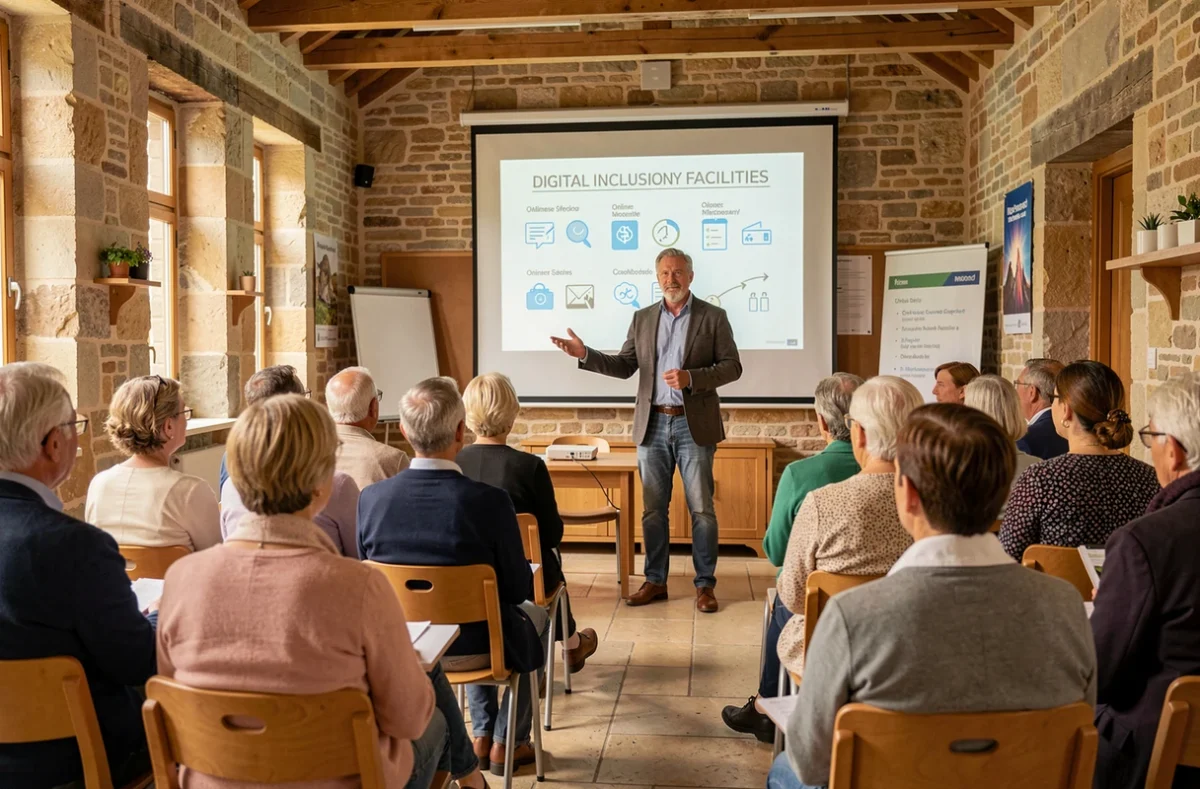 Animateur de Normandie Numérique présentant une session de sensibilisation à la cybersécurité pour des habitants d'une commune normande