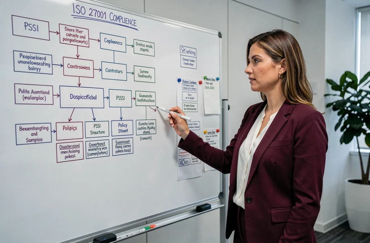 Spécialiste de Numeha présentant un cadre de gouvernance PSSI et les étapes de certification ISO 27001 sur un tableau blanc