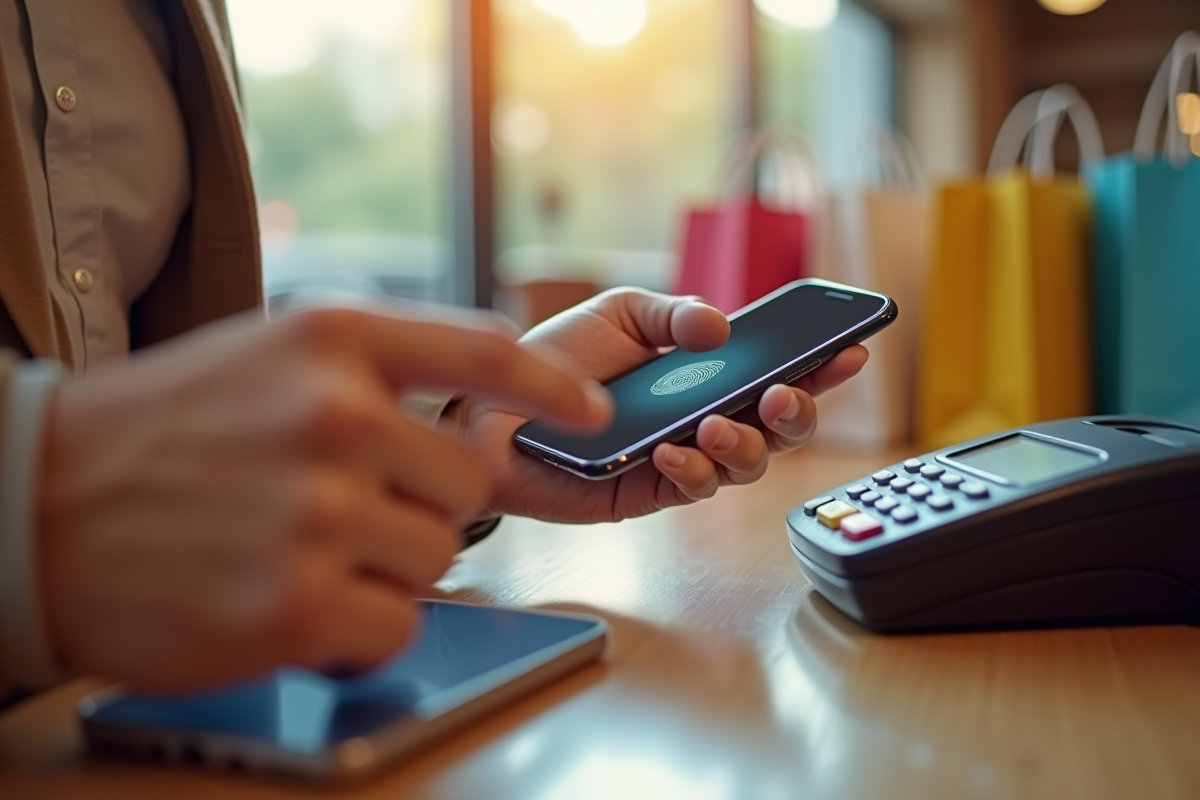 Femme utilisant un smartphone pour payer avec empreinte digitale dans une ambiance lumineuse