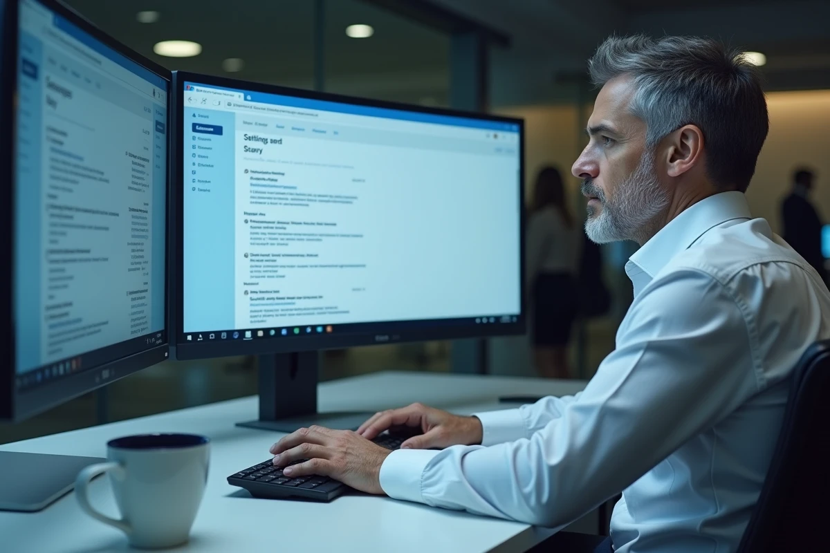 Professionnel paramétrant la redirection de messagerie webmail sur un grand écran dans un bureau en open space