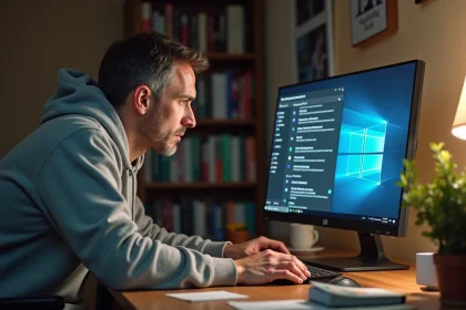 Homme frustré devant un PC Windows 11 lent, réglages de performance à l'écran dans un bureau à domicile