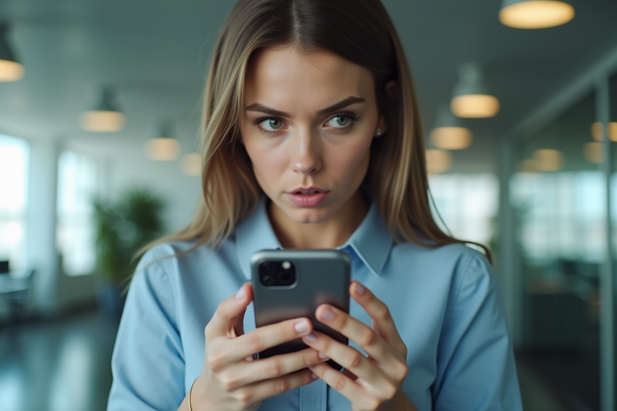 Personne tenant un smartphone avec des publicités en haut de l