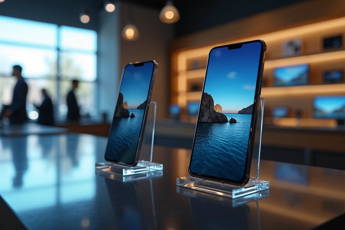Google Pixel 8 Pro et Pixel 8 exposés sur des présentoirs en boutique tech, comparaison en magasin