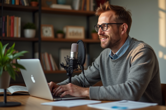 Homme d'âge moyen enregistrant un podcast dans un bureau cosy