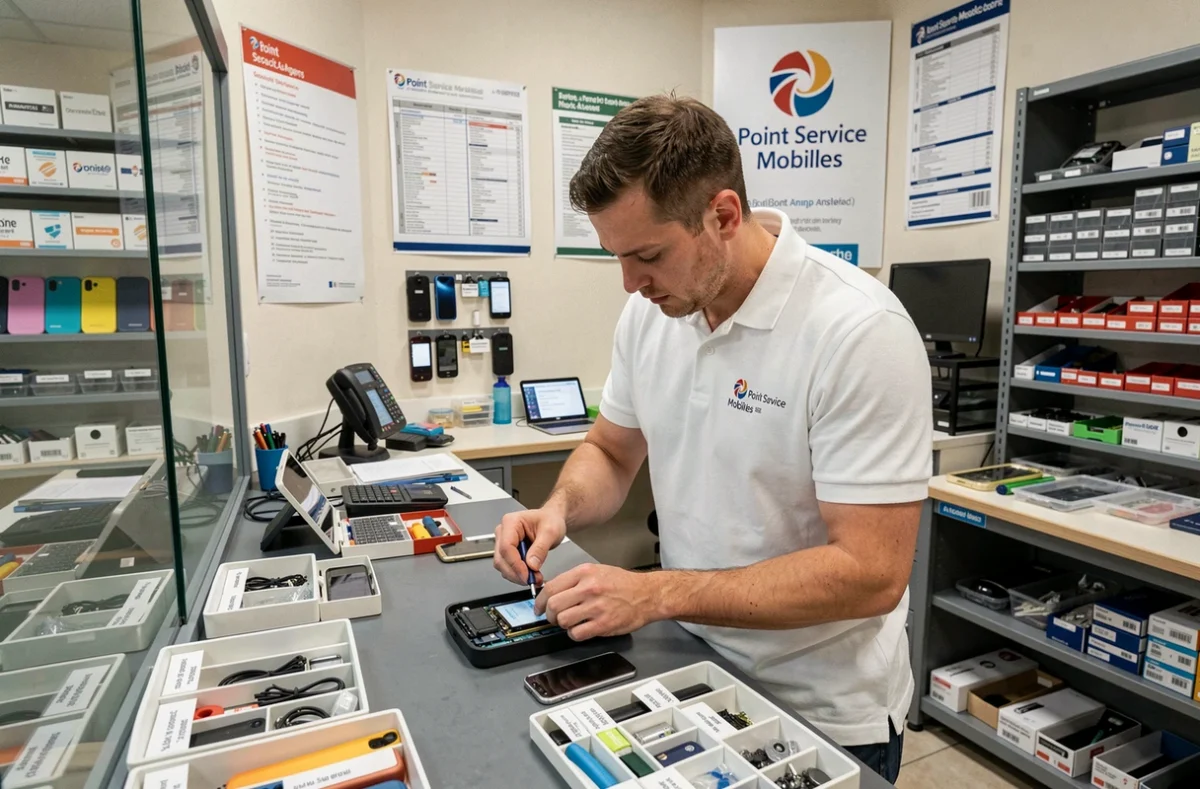 Technicien Point Service Mobiles Angers remplaçant une batterie de smartphone sur un plan de travail professionnel dans une boutique spécialisée