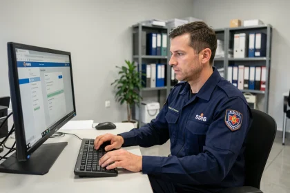 Pompier en uniforme SDIS 61 accédant au portail intranet Artemis sur un ordinateur de bureau en caserne