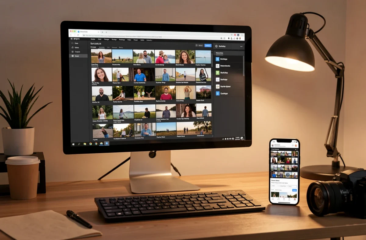Poste de travail avec miniatures de photos et smartphone affichant un site web