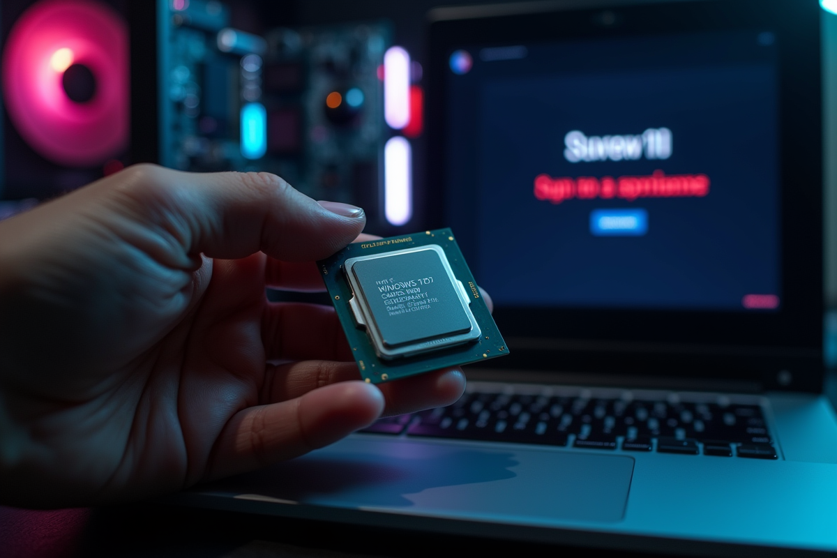 Main tenant un processeur près d un ordinateur avec message d incompatibilite Windows 11