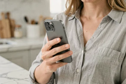 Femme tenant un iPhone 12 en main, illustrant la prise en main et les dimensions réelles de l'appareil