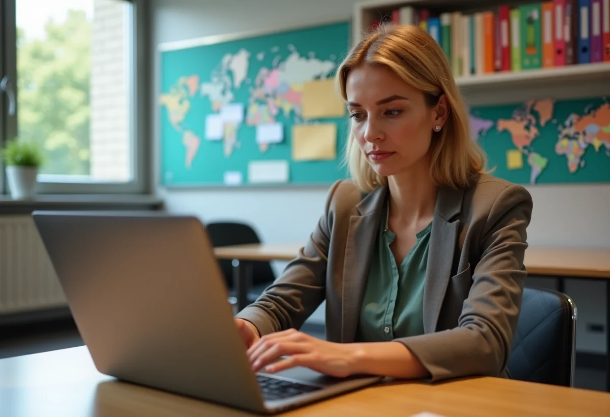 Professeure française au bureau avec ordinateur pour l'article